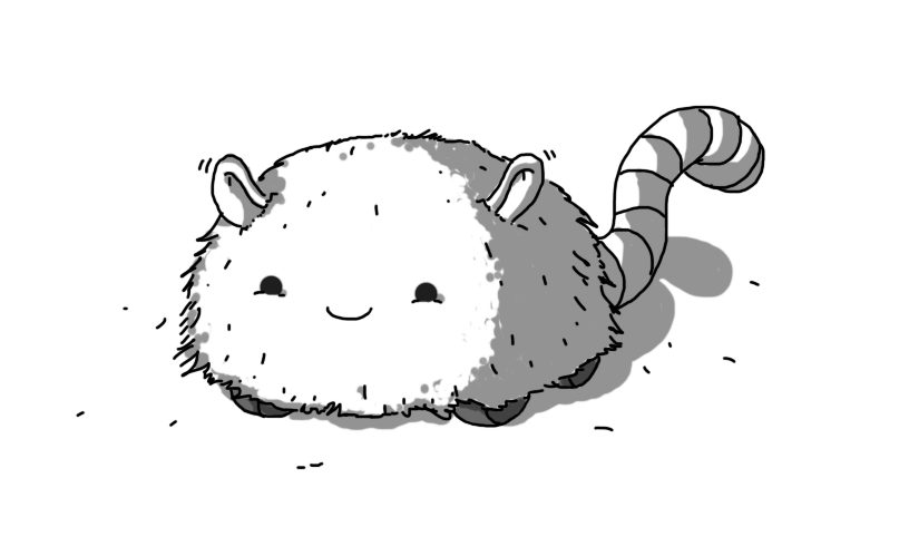 A happy, dome-shaped robot covered in soft fur. It has two bovine-like ears poking out that it's waggling and four wheels on its underside. It has a banded tail emerging from its rear that is curling upwards. The robot is also shedding hair all over the place.