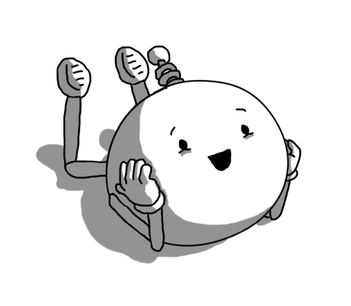 A spherical robot with jointed arms and legs and a coiled antenna, lying on the floor, hands against its cheeks, feet kicking in the air, an expression of rapt joy on its face.