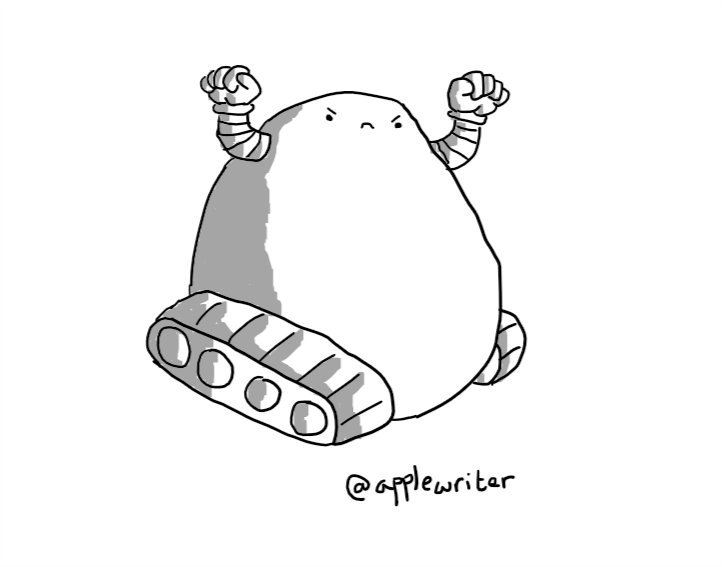 A large, pear-shaped robot mounted on two caterpillar tracks, with two banded arms raised in fists and an angry little face near the top of its body.
