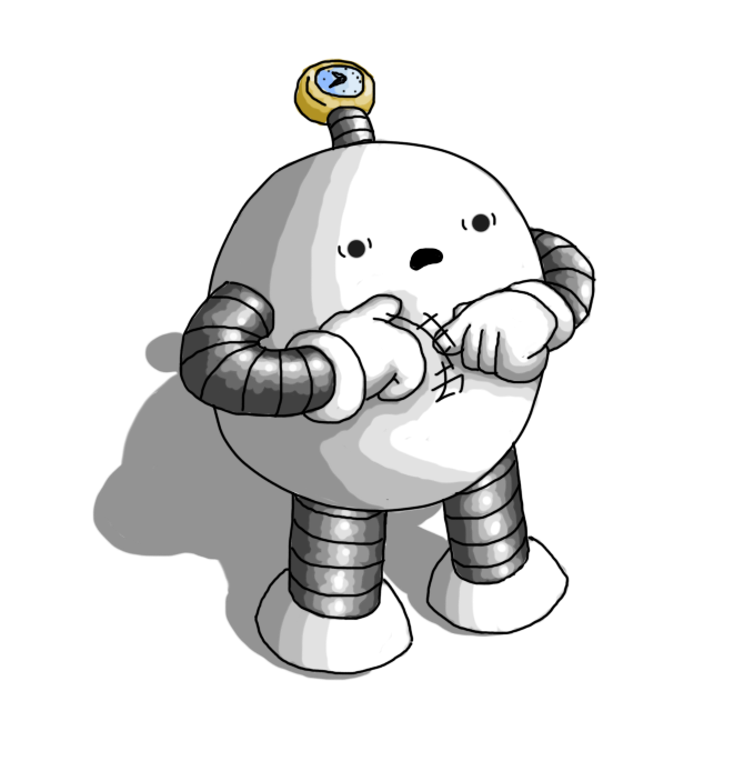 An ovoid robot with banded arms and legs.  It looks alarmed and is rotating its pointing fingers around each other in front of its chest, in a kind of rewinding motion. It has an antenna tipped with a golden analogue watch.