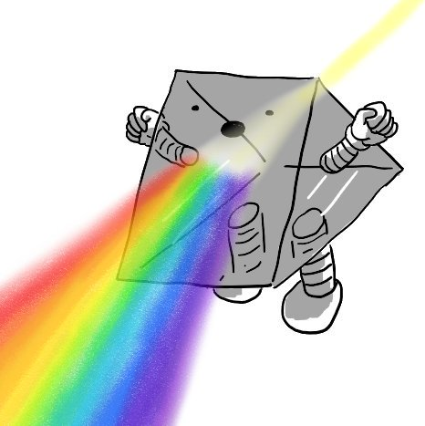 A robot in the form of a triangular glass prism, with the triangles forming its sides, from which its banded arms protrode, and one rectangular face its bottom, which has two banded legs. Its actual face is on an angled rectangular face and a beam of pale yellow light is entering the rear surface and being refracted into a rainbow coming out from below its mouth. It's yelling triumphantly, clenched fists raised.