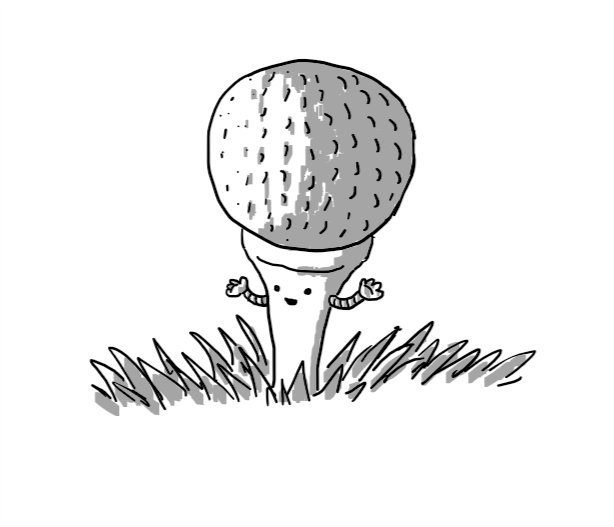 A robot in the form of a golf tee, with a golf ball balanced on top of it and two little arms.