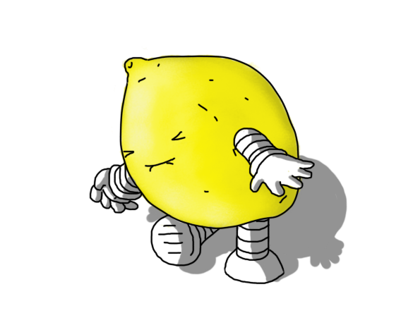 A robot in the form of a yellow lemon, with banded arms and legs attached. It's bending over slightly and making a scrunched up face as if it's just tasted something sour.