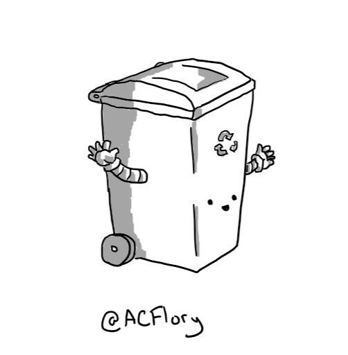 A robot in the form of a plastic wheelie-bin, with two little arms on either side and a smiling face on the lower front.