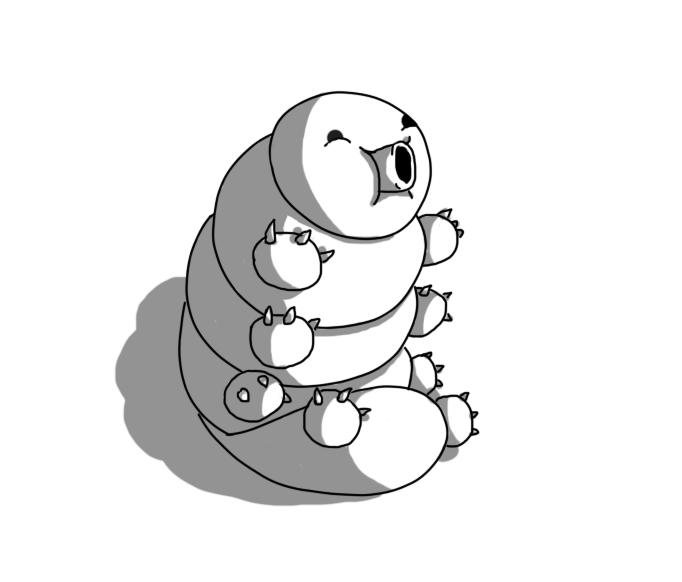 A robot tardigrade: it has a body divided into five squashed, ellipsoid segments, the topmost of which is its head, with a little tapered cylinder emerging from between its chubby cheeks and happy eyes. Each of its other segments have two round paws on them, each with three spiky claws. It's sitting up, curled on its rearmost section, waving its paws in the air.