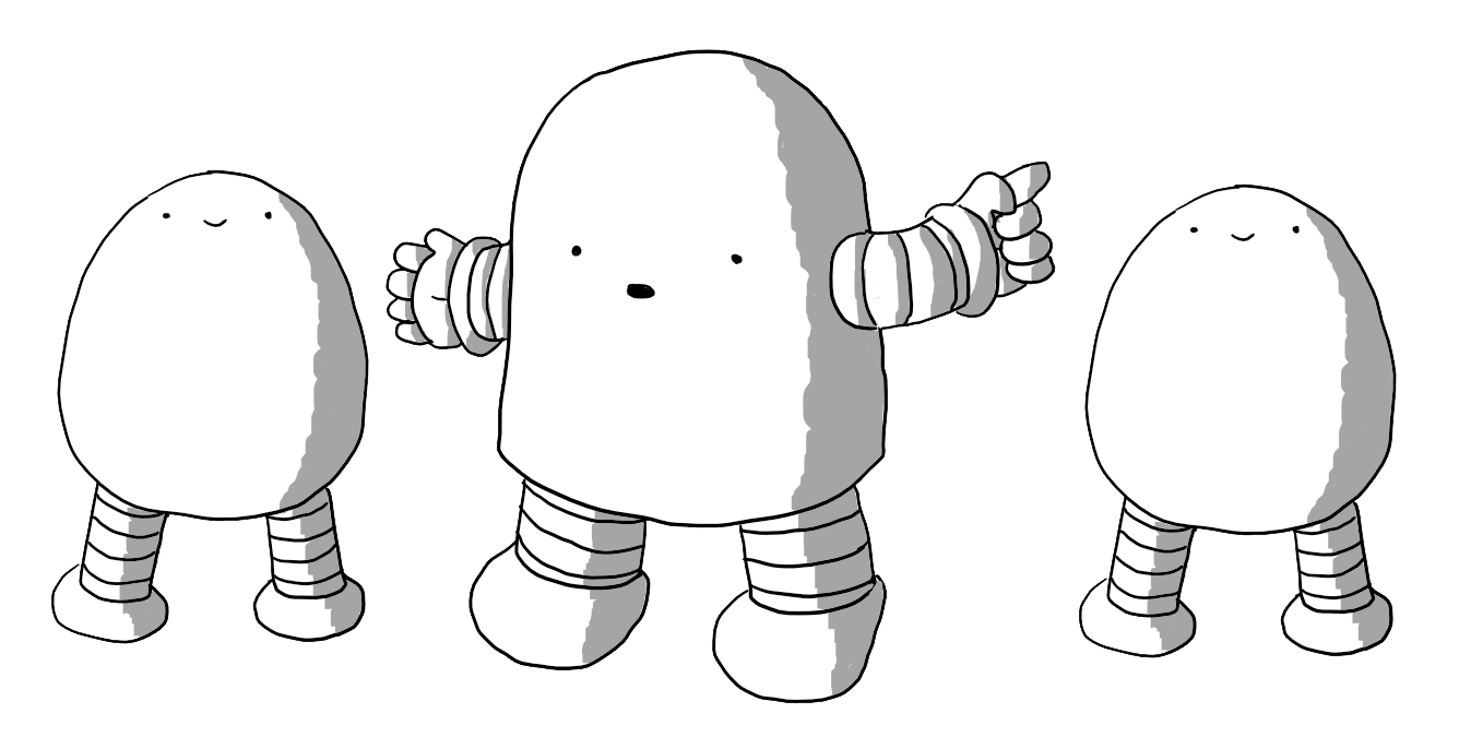 A chunky, round-topped robot with banded arms and legs, gesturing to two identical smiling robots standing either side of it. They are Bigbot and Tinybot, but they look exactly the same size (they're literally the same image repeated).