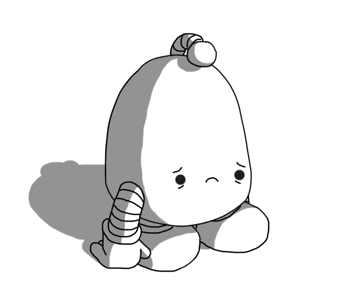 A round-topped robot with banded arms and very short banded legs. It has a drooping antenna on its top and its sad little face is near the bottom of its body. Its arms are dragging on the ground.
