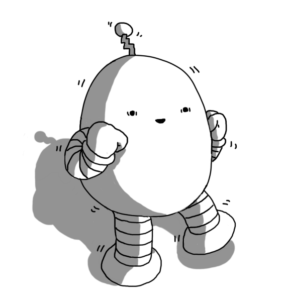 A roughly ovoid robot with banded arms and legs and a zigzag antenna, clutching its fists to the side of its face and dancing from one foot to the other as it vibrates. Its eyes are wide and a little manic, but it seems happy enough.