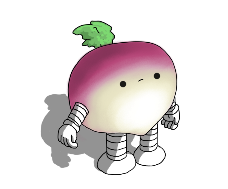 A robot in the form of a little grumpy turnip with banded arms and legs. It has a tuft of green sprouting on its top and its body is coloured purple and white, the colours fading into one another laterally.