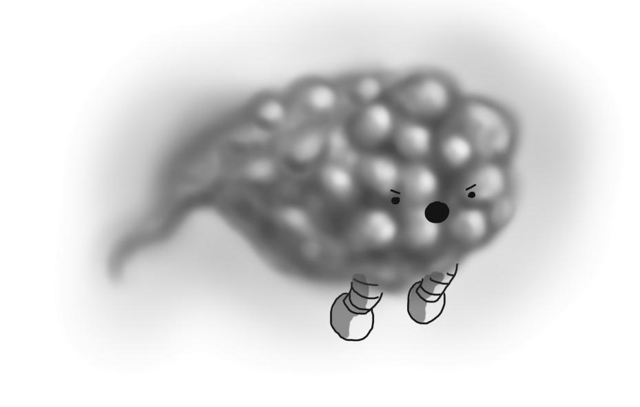 A robot in the form of a billow of dark cloud, forming into a rough sphere at its near end. Two banded legs hang from its underside and its face appears to be shouting angrily as it floats forward.