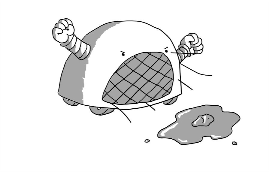 A dome-shaped robot on four wheels with two arms on either side. Instead of a mouth it has a large grill which blasts heat and is currently melting a small chunk of ice into a puddle. Its fists are clenched and it looks very angry.