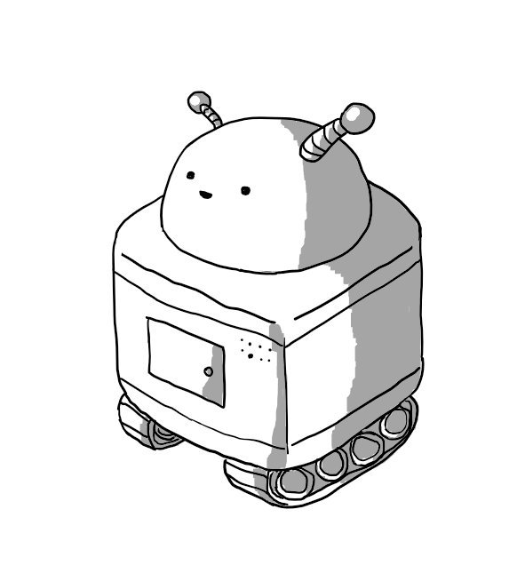 A robot consisting of a rounded cuboid body on a set of two caterpillar tracks with a separate hemispherical head section on top that has a happy little face on it. The robot has two banded antenna, one noticeably thicker than the other.