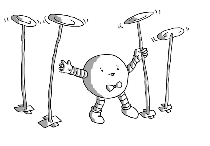 A spherical robot wearing a little bowtie in the act of spinning a set of four plates on tall sticks. It's tongue is sticking out in concentration and it looks faintly worried.