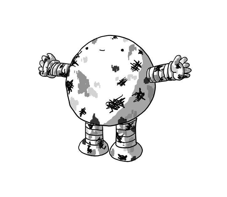 A smiling, round robot with banded arms and legs, looking up and holding out its arms as if expecting a hug. It is covered in smears and stains of various shades.