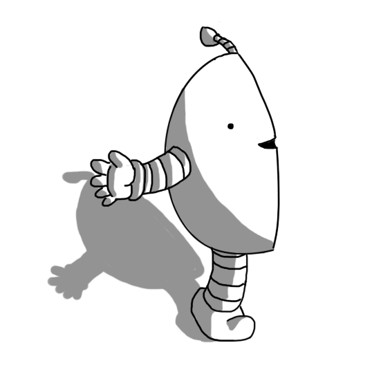 An ovoid robot with banded arms and legs and an antenna. Except it's vertically bisected and only the right half is present.