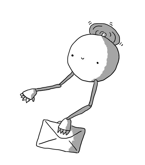 A spherical robot with jointed arms and a propeller on its top. In one hand it holds a card in an envelope.