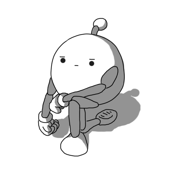 A spherical robot with jointed arms and legs and an antenna, taking the knee with a serious expression on its face.