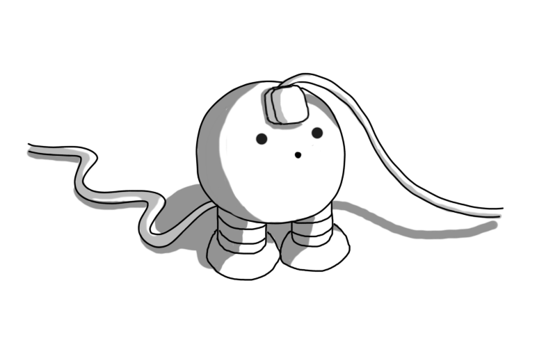 A spherical robot with banded legs. It has a wire emerging from its back that trails off along the ground and a plug shoved into its forehead with a second wire leading off in the opposite direction. Its facial expression is one of mile surprise.