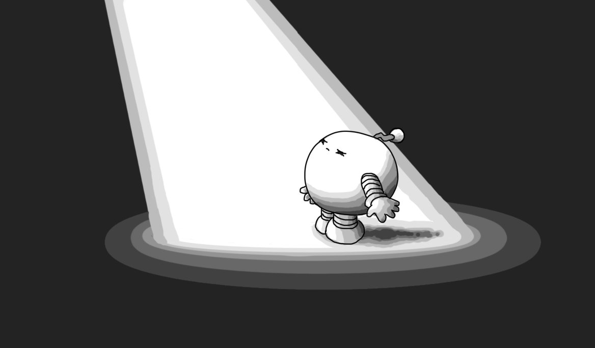 A spherical robot with banded arms and legs and a zigzag antenna, standing in a bright spotlight, squinting up at its source.