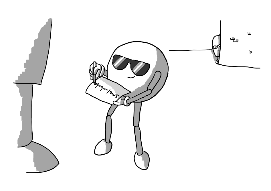 A spherical robot with jointed arms and legs, wearing a pair of black shades. It's standing in front of someone and signing "smolrobots" on a piece of paper. In the background, Thommybot peers around a corner, looking nervous.