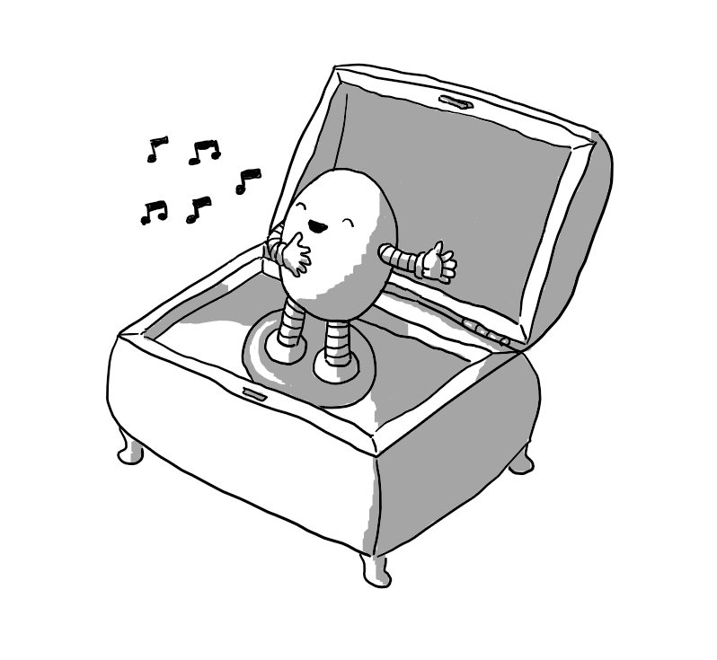 A decorative music box with its lid open. Inside, standing on a metal disc in the manner of a classic ballerina music box is an ovoid robot with banded arms and legs singing with one arm outstretched and the other hand on its chest.