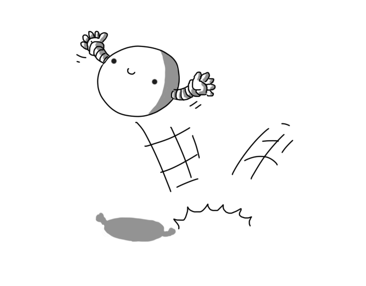A spherical robot with two banded arms, bouncing up from the floor and looking very happy about it.