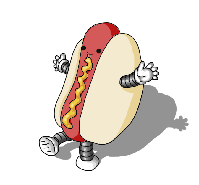 A robot in the form of a traditional hot dog. It's in colour, with a reddish sausage which has the robots face on it and banded legs at the bottom, and a pale bun with banded arms sticking out. It has a zigzag of mustard up the middle of the sausage and its tongue is sticking out, tasting it.