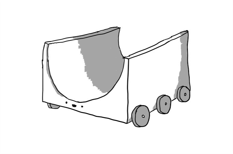 A robot half-pipe with three pairs of wheels along its long edges. Its face is on the front, below the lowest point of the skating surface.