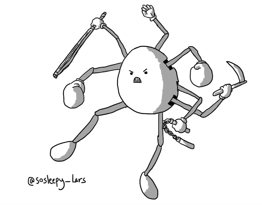 An angry-looking ovoid robot with many retractable jointed limbs. Two arms end in boxing gloves, one is held in a 'chop' position, one holds a kendo stick, one a set of nunchaku and one a kama (sickle). It's hurling itself forward with one leg outstretched.