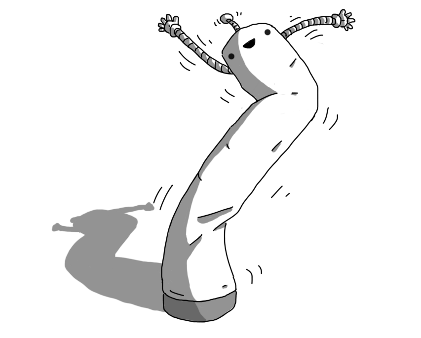 A tall, cylindrical robot, flailing around randomly, bending in several places. It has thin, banded arms that are flying around and an antenna. It's smiling inanely, dancing quite happily.