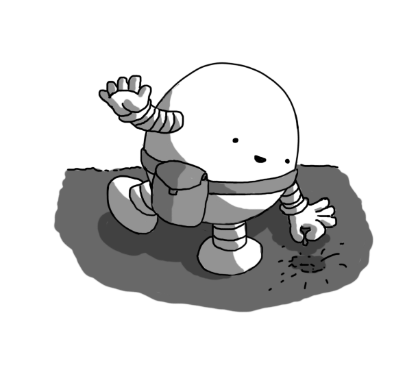 A round robot with banded arms and legs bending over a small indent in some soil and delicately depositing a seed in it. It has one arm and one leg extended for balance, a little satchel slung across one shoulder and is smiling happily.