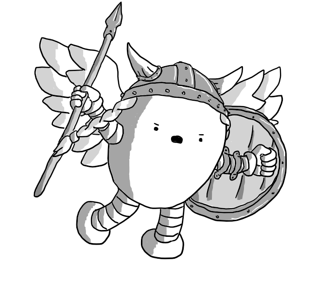 An ovoid robot with banded arms and legs dressed as a Norse Valkyrie, with a horned helmet and braids, a spear in one hand and a shield in the other and a pair of large feathered wings.