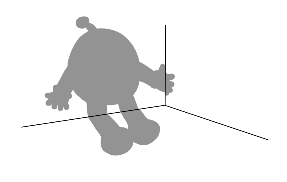 The corner of a room with a small robot's shadow projected onto it. It appears to be ovoid, with the usual banded arms and legs and antenna arrangement. However, there's no robot in the picture, just a shadow.