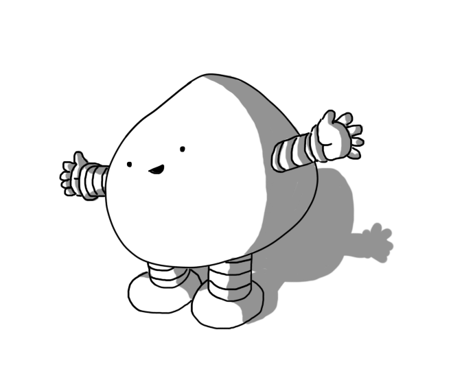 A smiling robot with banded arms and legs. Its body is irregularly shaped, like a sort of angled potato.