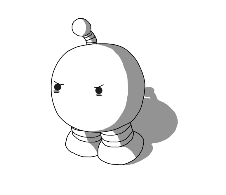 A round robot with short, banded legs and an antenna. It has no mouth, and it's leaning forward, glaring angrily.