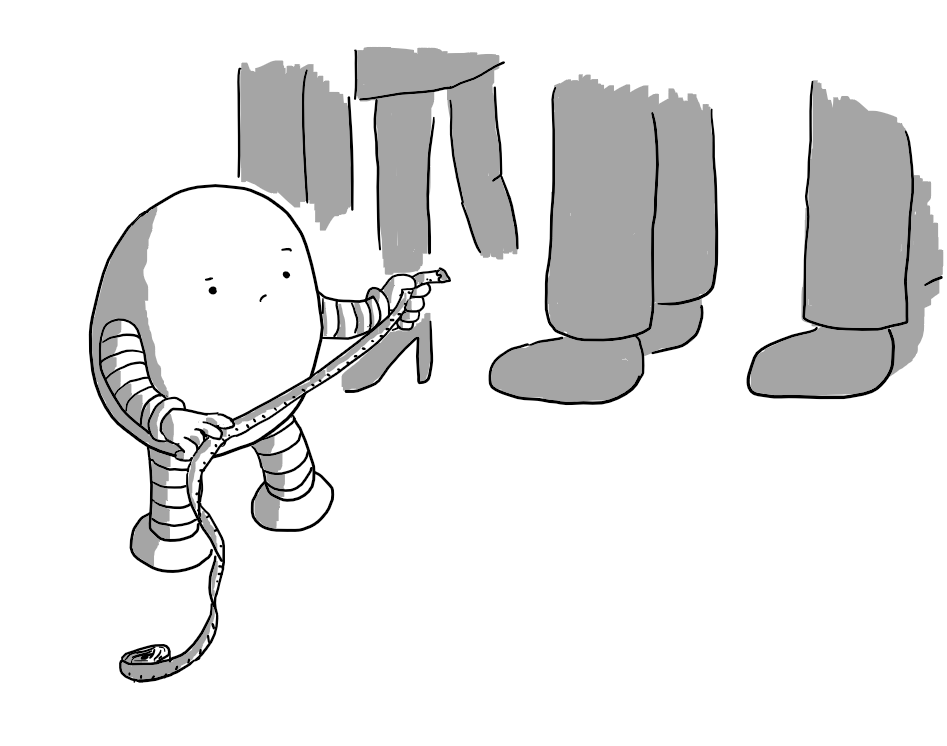 An ovoid robot with banded arms and legs holding up a tape measure and looking at it doubtfully. In the background, several people's legs are visible forming a queue.