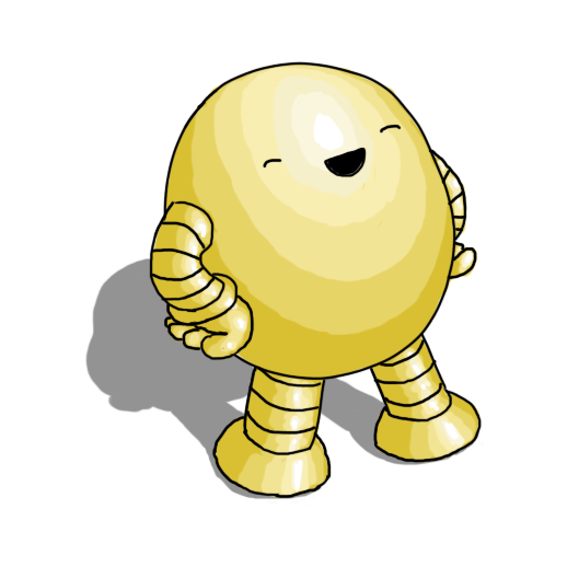 An ovoid robot with banded arms and legs, entirely gold in colour. It has its hands balled on its waist and its legs slightly spread and appears to be laughing triumphantly.