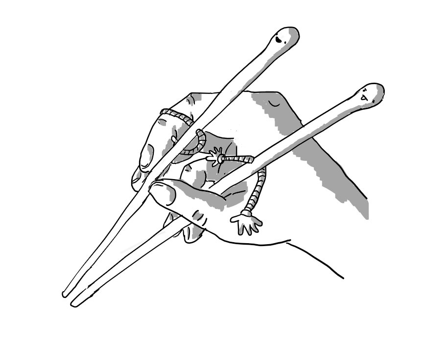 A hand holding two robots in the form of chopsticks. Their faces are on the rounded top ends and they each have a pair of banded arms about halfway down their length which they're using to manoeuvre the holder's hands. One robot is smiling while the other appears deep in concentration with its tongue sticking out.