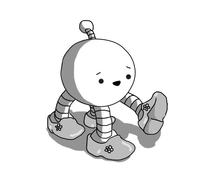 A spherical robot with four banded legs and an antenna on its top. It's wearing heavy, painted wooden clogs on each of its feet, decorated with little pictures of flowers. It's looking down at its feet, smiling and appearing faintly surprised.
