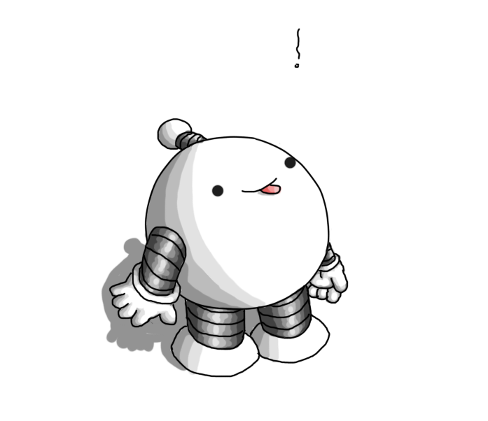 A spherical robot with banded arms and legs and an antenna, looking upwards and smiling as it sticks out its tongue. A tiny snowflake is drifting down towards it.