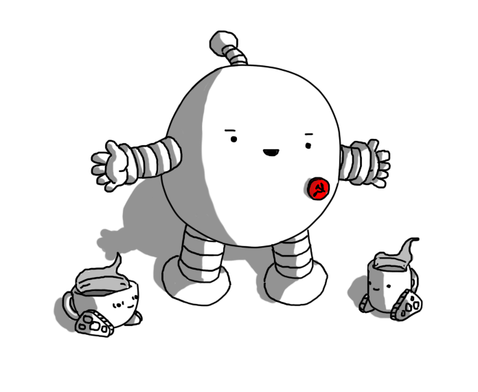 A spherical robot with banded arms and legs and an antenna, wearing a red hammer and sickle badge on its chest. It's smiling and spreading its arms as Coffeebot and Teabot sit on either side of it, smiling at each other.