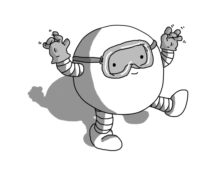 A spherical robot with banded arms and legs, walking along and waggling its fingers while wearing latex gloves and a pair of safety goggles.