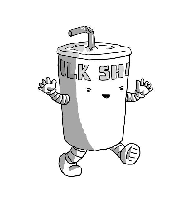 A robot in the form of a carton of milkshake with a straw sticking out. It has banded arms and legs and is advancing with a malevolent smile on its face.