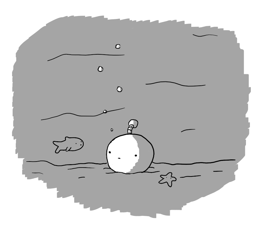 A spherical robot with an antenna sitting on the seabed looking vaguely miffed. A starfish is next to it and a confused fish has swum up to investigate. Bubbles are rising to the surface from the robot.