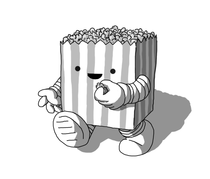 A robot in the form of a striped carton of popcorn. It has banded arms and legs and is smiling as it places a piece of its popcorn in its mouth.