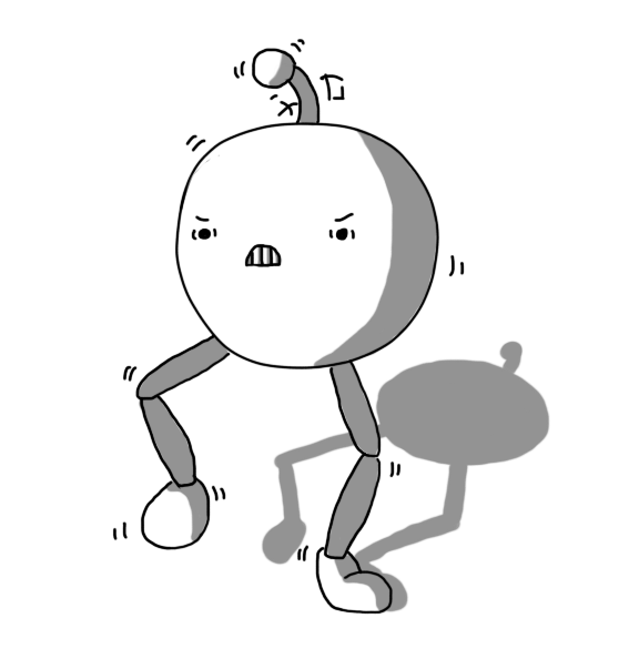 A weirdly angry spherical robot with two jointed legs and an antenna. It's doing a bow-legged dance and its body and antenna are both moving too as it bares its teeth.