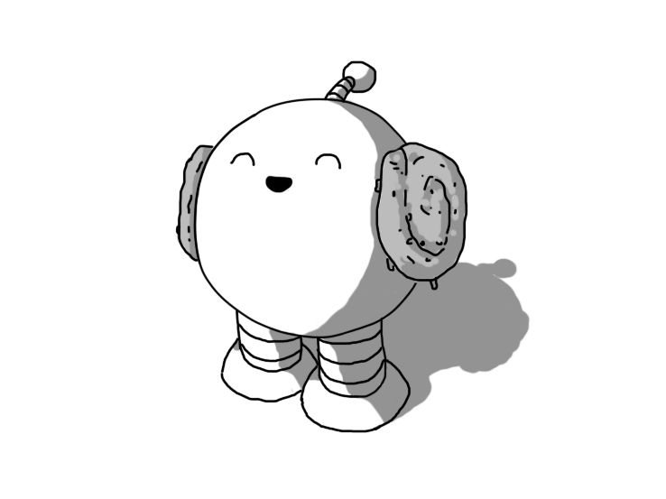 A spherical robot with banded legs and a little antenna. It has two spiral Danish pastries attached to either side of it, like elaborately coiled buns of hair. It's smiling happily with its eyes closed.