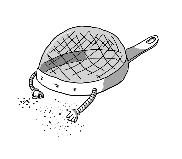 A robot in the form of an upturned sieve with its face on the outside rim. It has two slim banded arms and is sorting through a number of grains using its hands, delicately placing the larger ones in a small, separate pile. Its expression is one of intense concentration with its tongue sticking out.