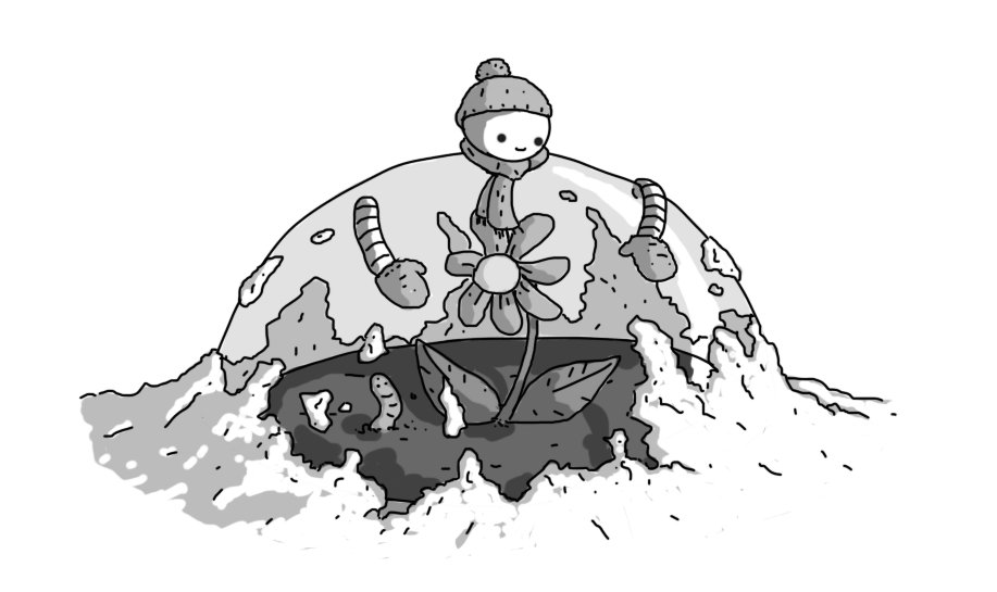 A robot in the form of a transparent dome with a round head on top and two banded arms partway down. The robot is wearing a woolly hat, scarf and mittens. Inside the dome, a flower grows from the soil while an earthworm emerges beside it; it has a face and looks surprised. Outside the dome, frost encrusts the ground and is creeping up the sides.