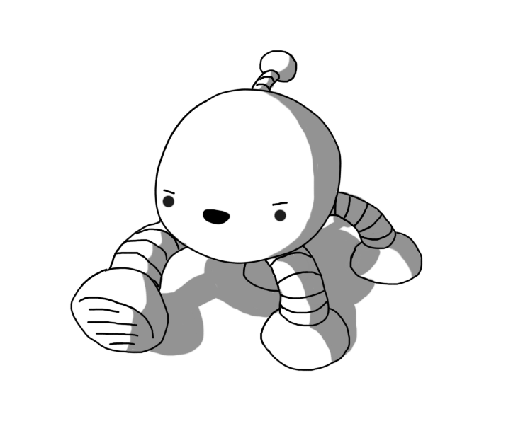 A spherical robot with an antenna and four banded legs. It's stomping along, front leg raised, smiling malevolently.